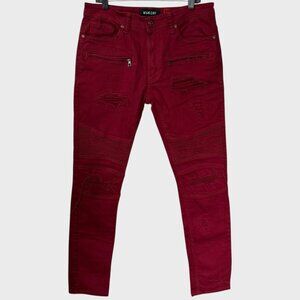 Makobi Core Denim Biker Jeans Red Men's Size 36X34 Distressed Ripped Slim-Fit